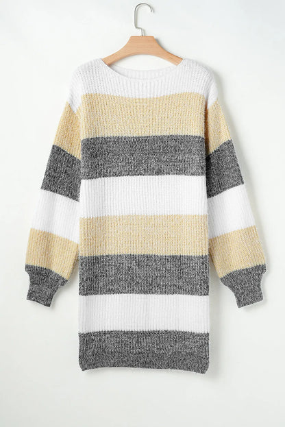 Gray Stripe Colorblock Bubble Sleeve Drop Shoulder Sweater Dress - Chic Meadow Boutique 