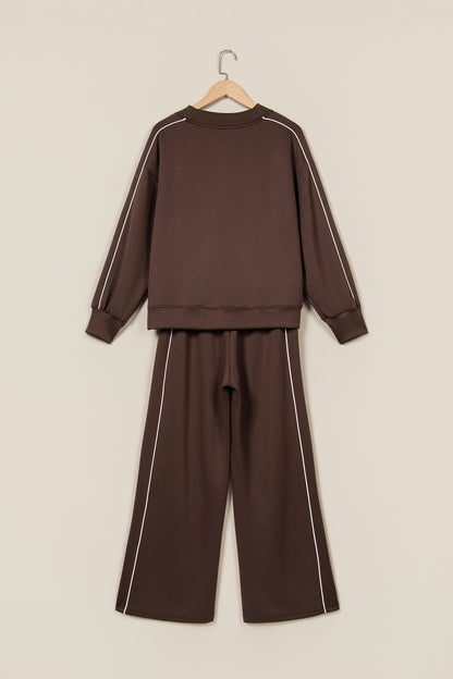 Coffee Sporty Piping Trim Mock Neck Pullover Relaxed 2pcs Pant Set