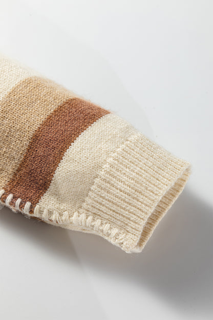 Khaki Stripe Exposed Seam Drop Shoulder Knit Baggy Sweater