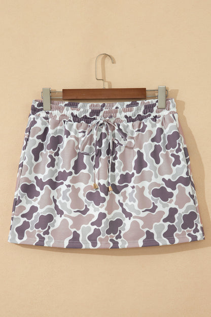 Khaki Abstract Camo Elastic Waist Drawstring Mini Skort
