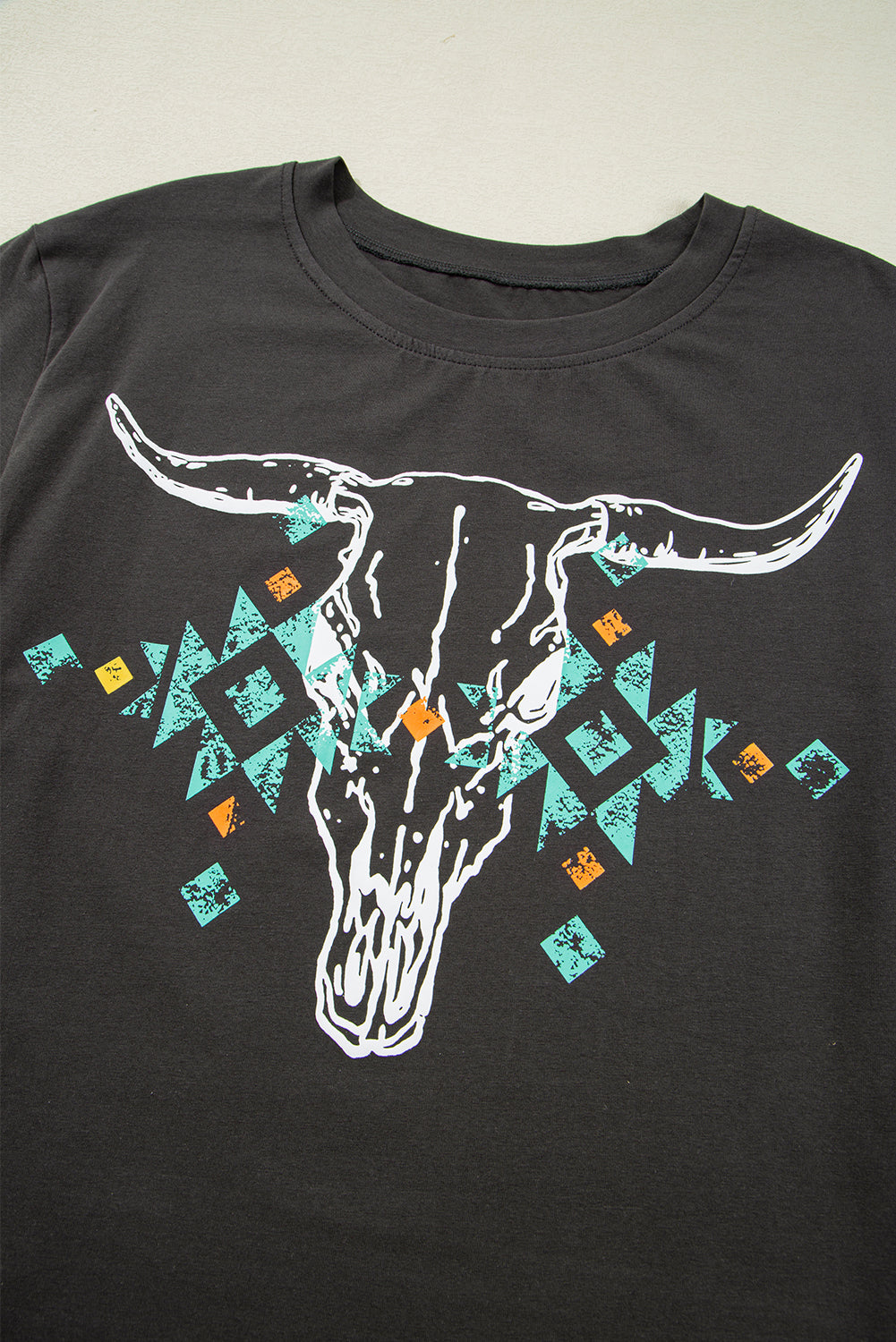 Carbon Grey Vintage Western Bull Head Skull Turquoise Aztec Graphic T Shirt