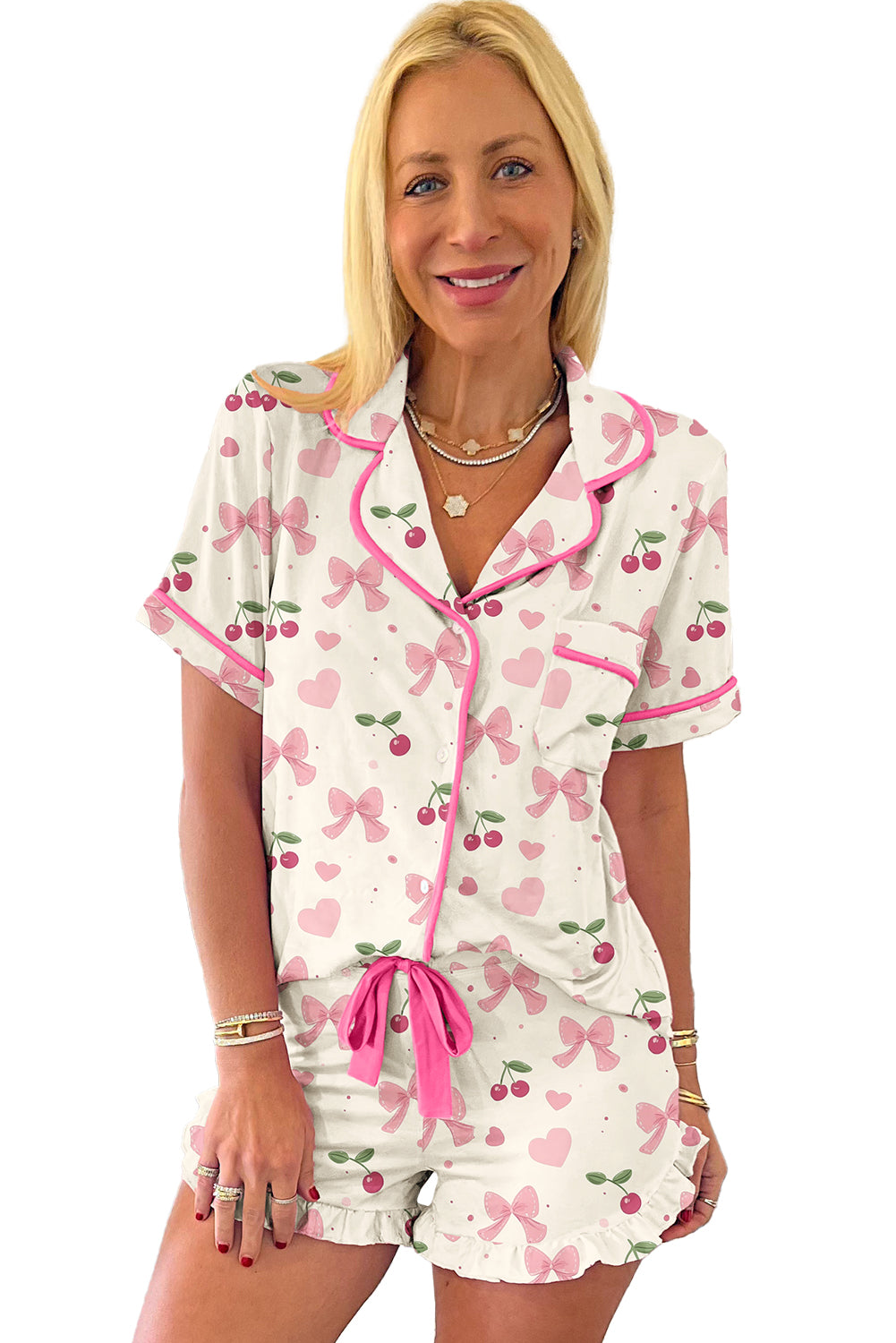 Beige Bow Fruit Print Contrast Pipping Short Pajamas Set