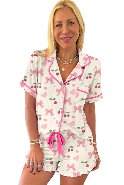 Beige Bow Fruit Print Contrast Pipping Short Pajamas Set