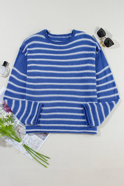 Sky Blue Stripe Drop Shoulder Casual Sweater - Chic Meadow Boutique 