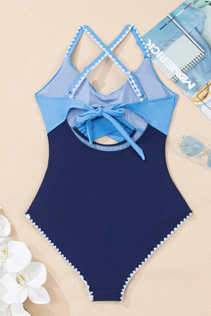 Beau Blue Ric Rac Trim Contrasted Patchwork Cutout One Piece Swimsuit
