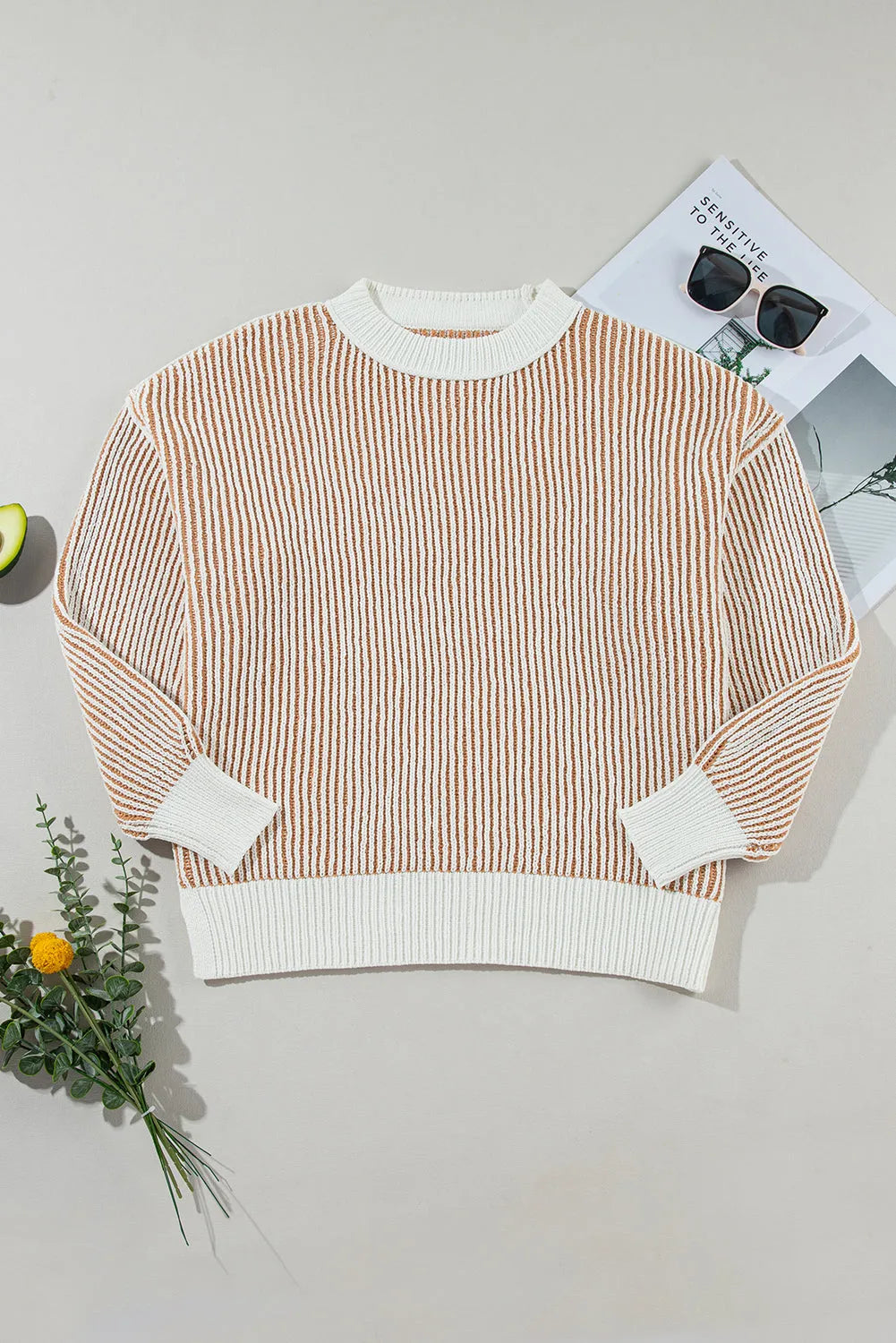 Chestnut Striped Textured Knit Contrast Edge Loose Sweater - Chic Meadow Boutique 