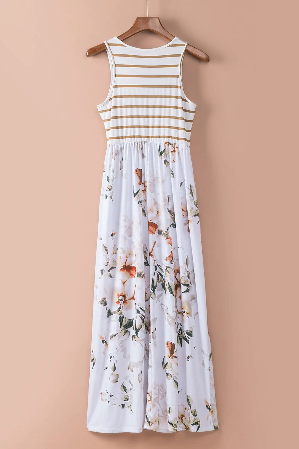 Dresses/Maxi Dresses White Striped Floral Print Sleeveless Maxi Dress with Pocket