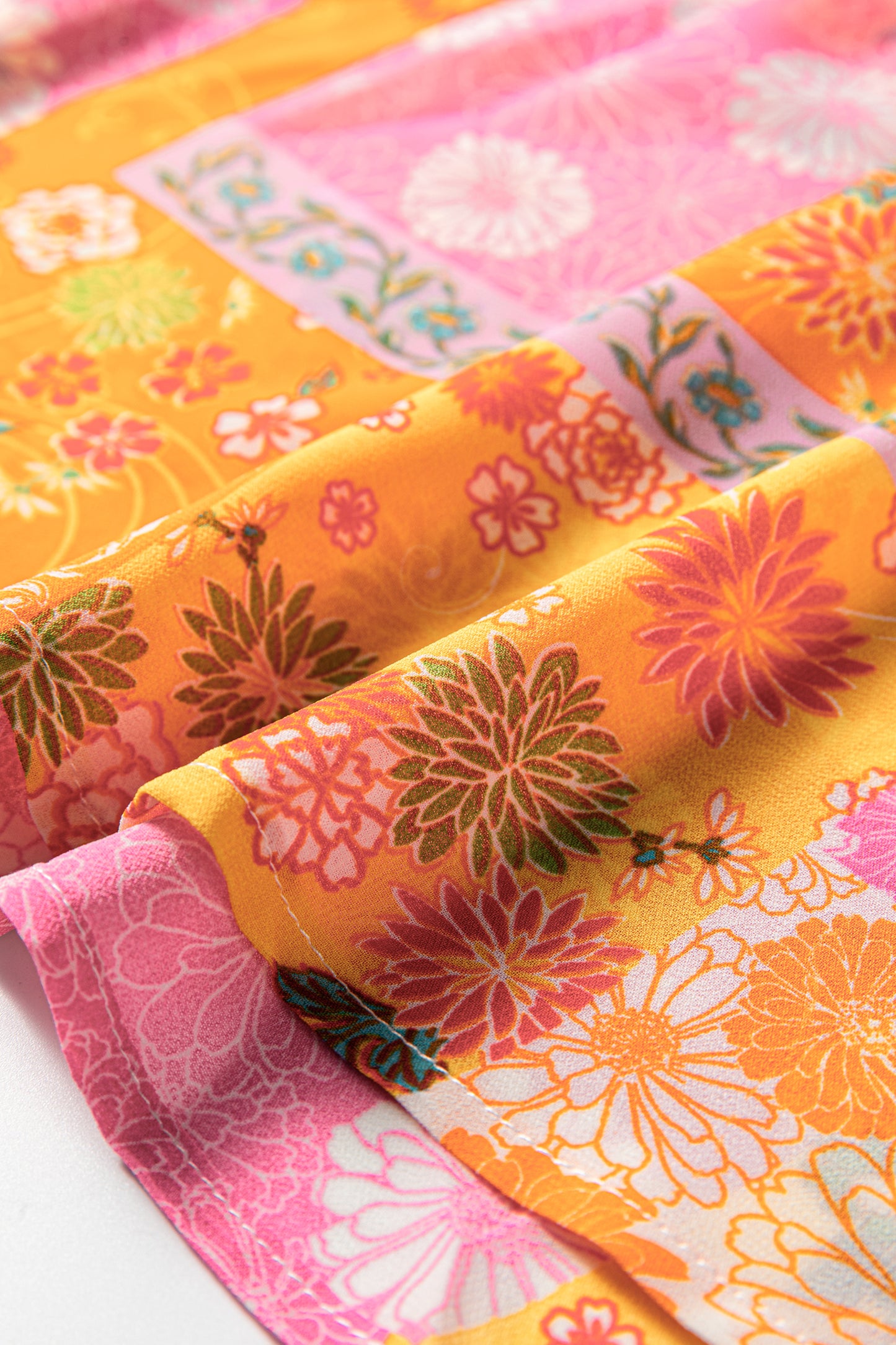 Orange Floral Patchwork Print Cut out Tied Back Bracelet Sleeve Maxi Dress