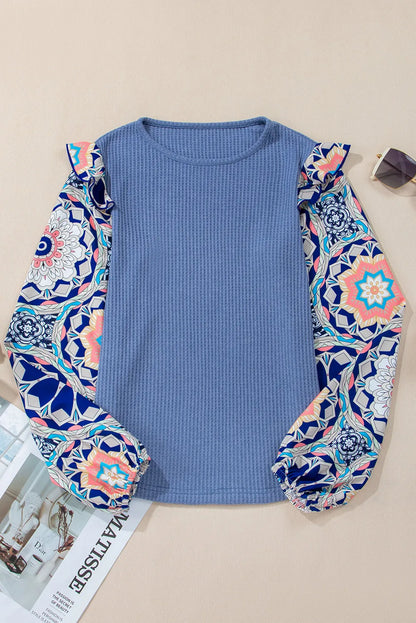 Ashleigh Blue Ruffled Floral Sleeve Patchwork Waffle Knit O Neck Blouse - Chic Meadow Boutique 