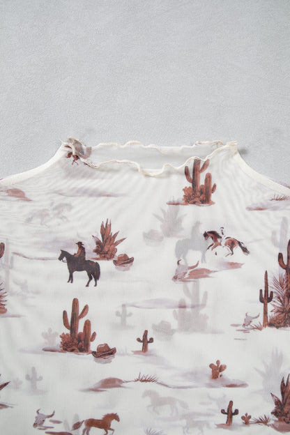 Beige Floral Print Slim Fit Mesh Long Sleeve Mock Neck Top
