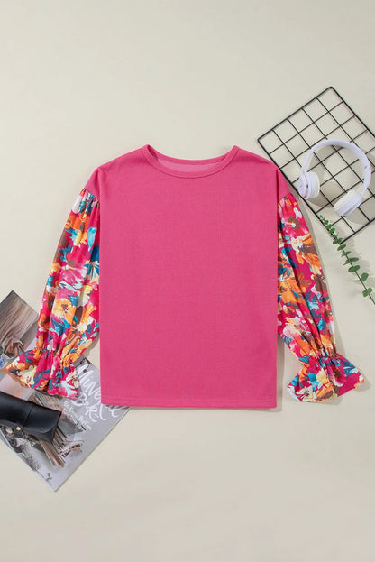 Sachet Pink Flower Patchwork Ruffled Sleeve Ribbed Knit Drop Shoulder Top - Chic Meadow Boutique 