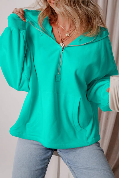 Aruba Blue Fleece Lined Half Zipper Kangaroo Pockets Loose Hoodie - Chic Meadow Boutique 