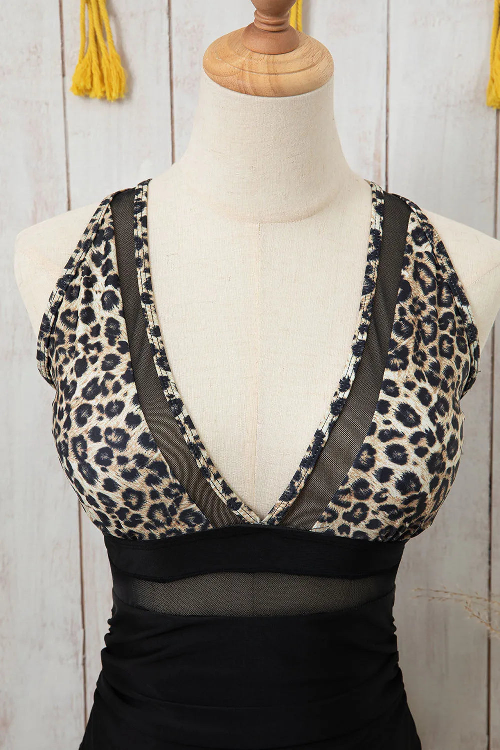 Brown Leopard Mesh Insert V Neck High Waist Monokini - Chic Meadow Boutique 