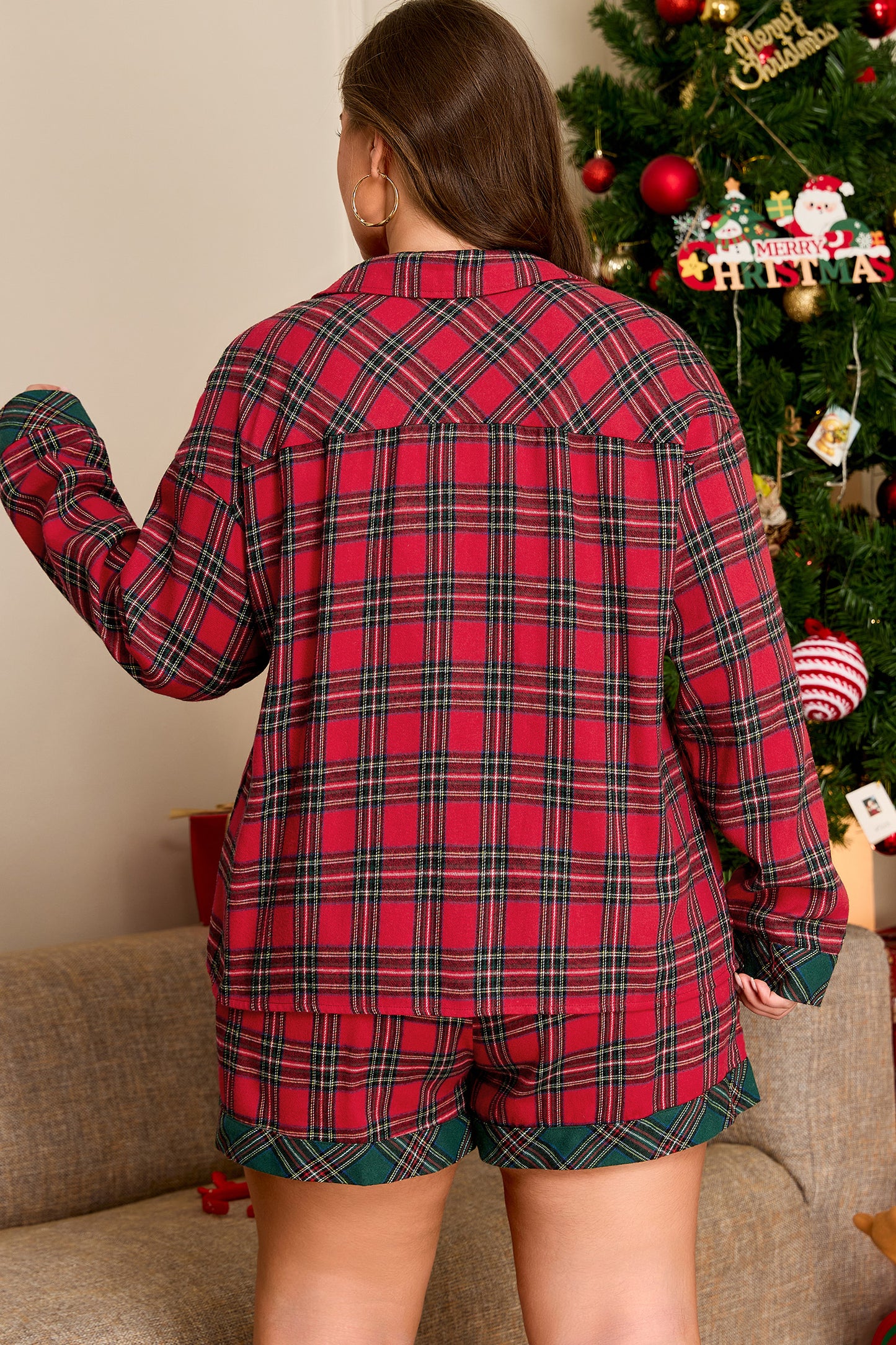 Red Plus Size Plaid Contrast Patchwork Long Sleeve Shirt and Shorts 2pcs Pajama Set