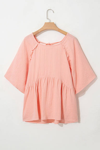 Apricot Pink Plus Size Textured Wide Short Sleeve Babydoll Blouse