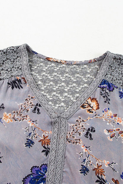 Sky Blue Floral Print Lace Patchwork Knot Front V Neck Blouse - Chic Meadow Boutique 