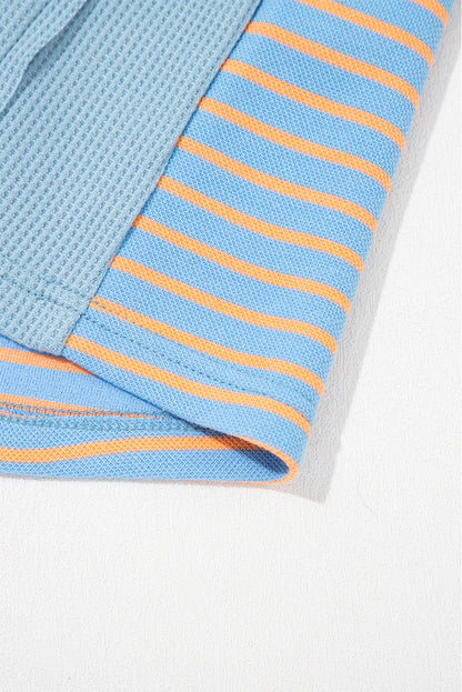 Dusk Blue Exposed Seam Waffle Striped Patchwork Baggy Pullover
