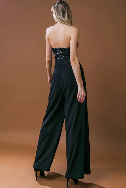 Black Sequin Tube Top Wide Leg Jumpsuit - Chic Meadow Boutique 