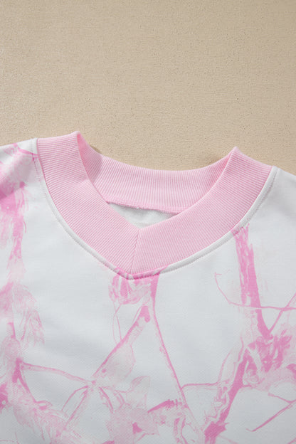 Pink Abstract Plant Print Long Sleeve V Neck Pant Set