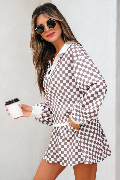 Khaki Checkered Print Polo Collar Cropped Long Sleeve Top Drawstring Mini Skirt Set