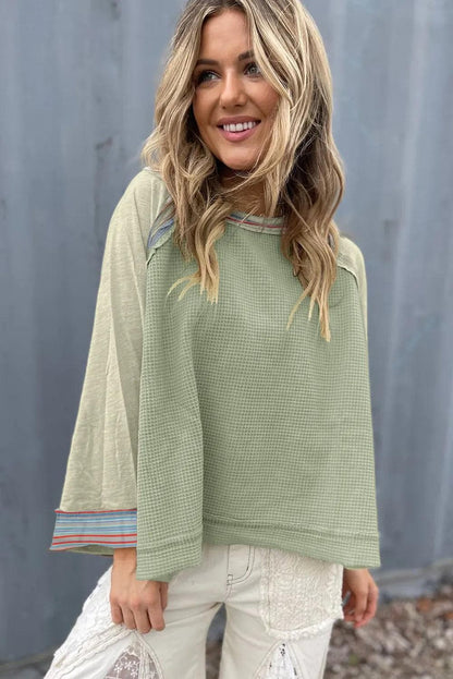 Tops/Long Sleeve Tops Meadow Mist Green Waffle Knit Wide Bracelet Sleeve Patchwork Raglan Top