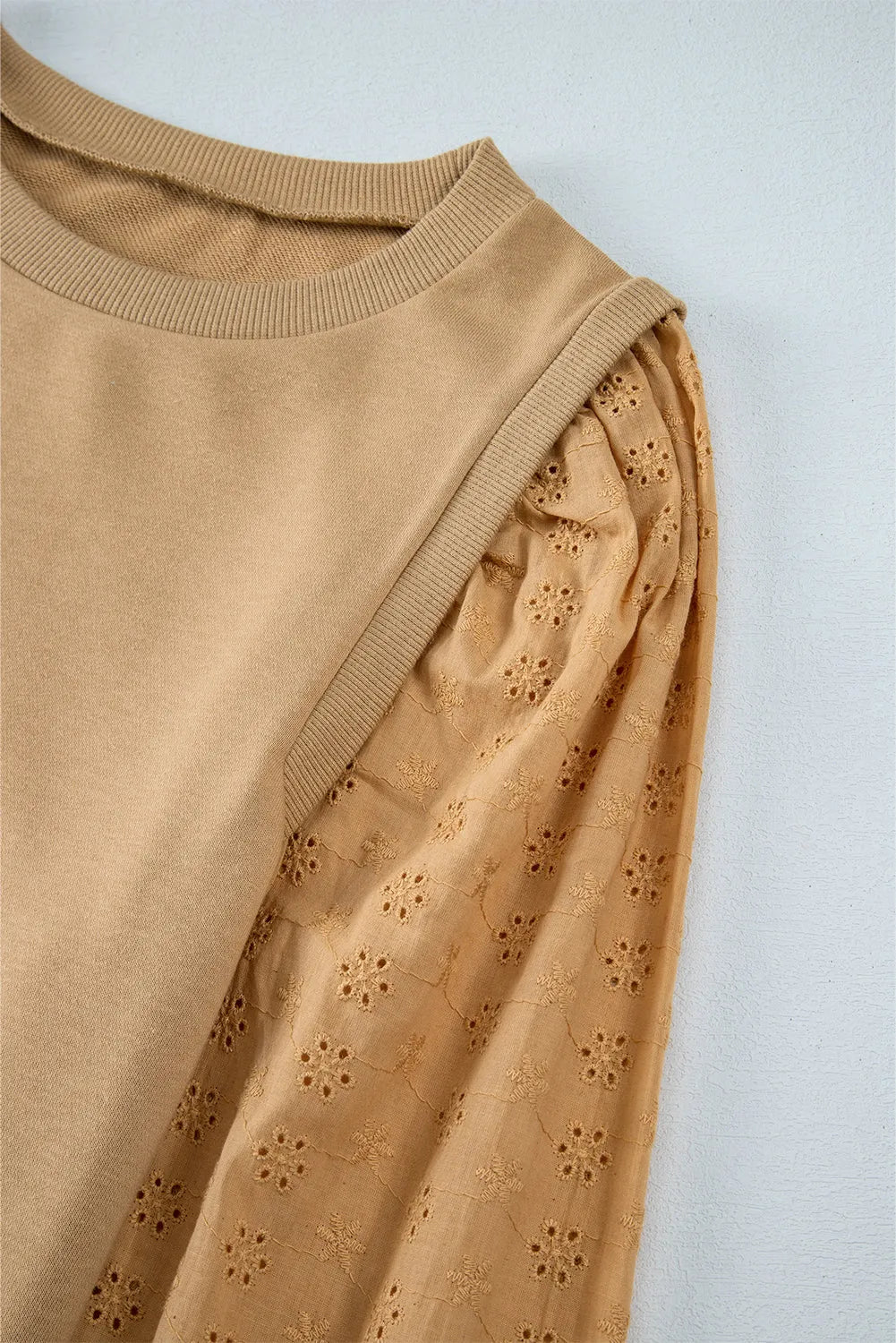 Pale Khaki Textured Patchwork Round Neck Sweatshirt - Chic Meadow Boutique 