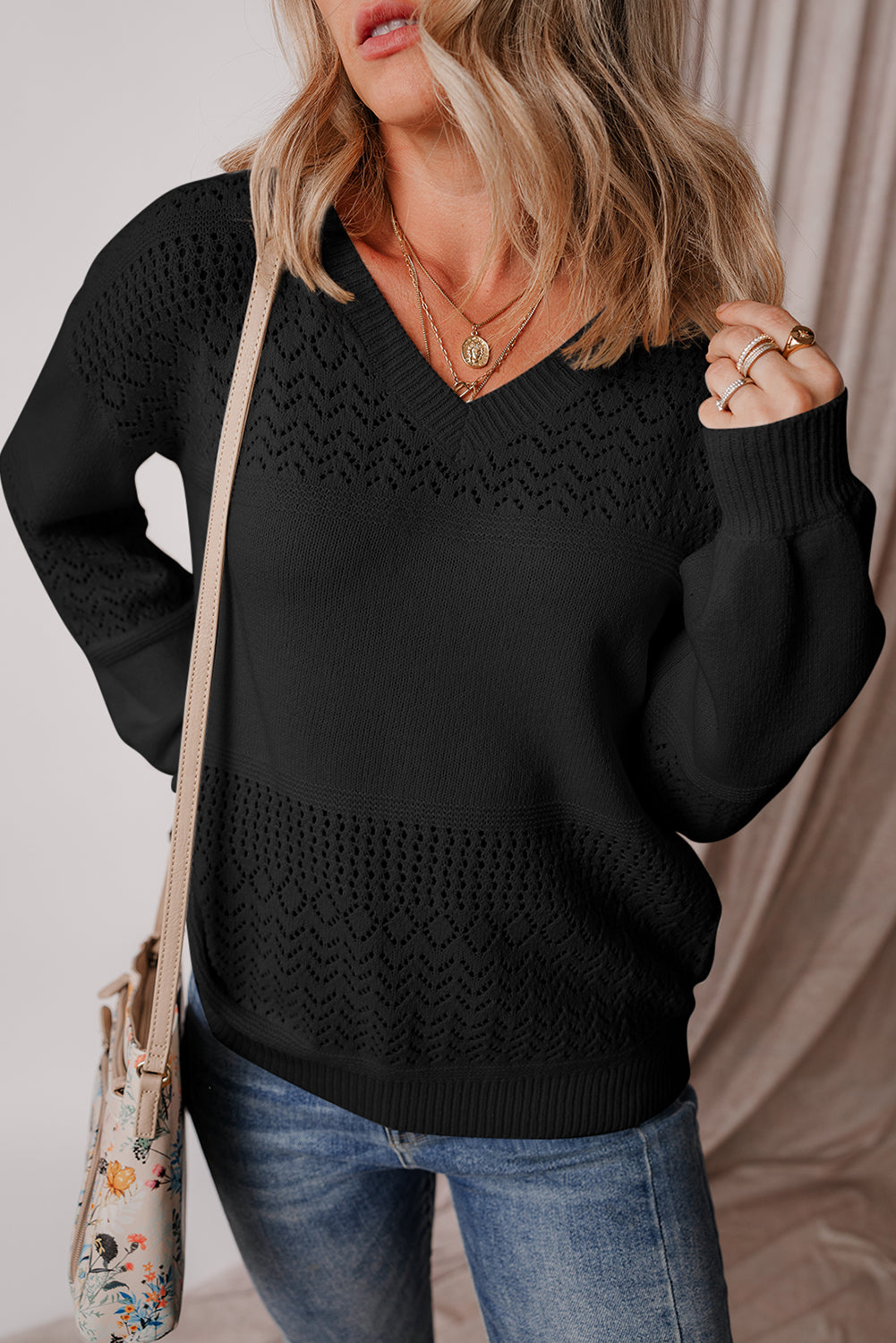 Black Eyelet Pattern Detail V Neck Drop Shoulder Sweater