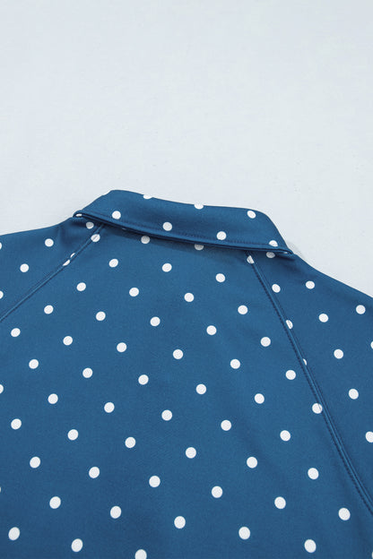 Blue Polka Dot Print Metal Button Collar Casual Pullover Sweatshirt