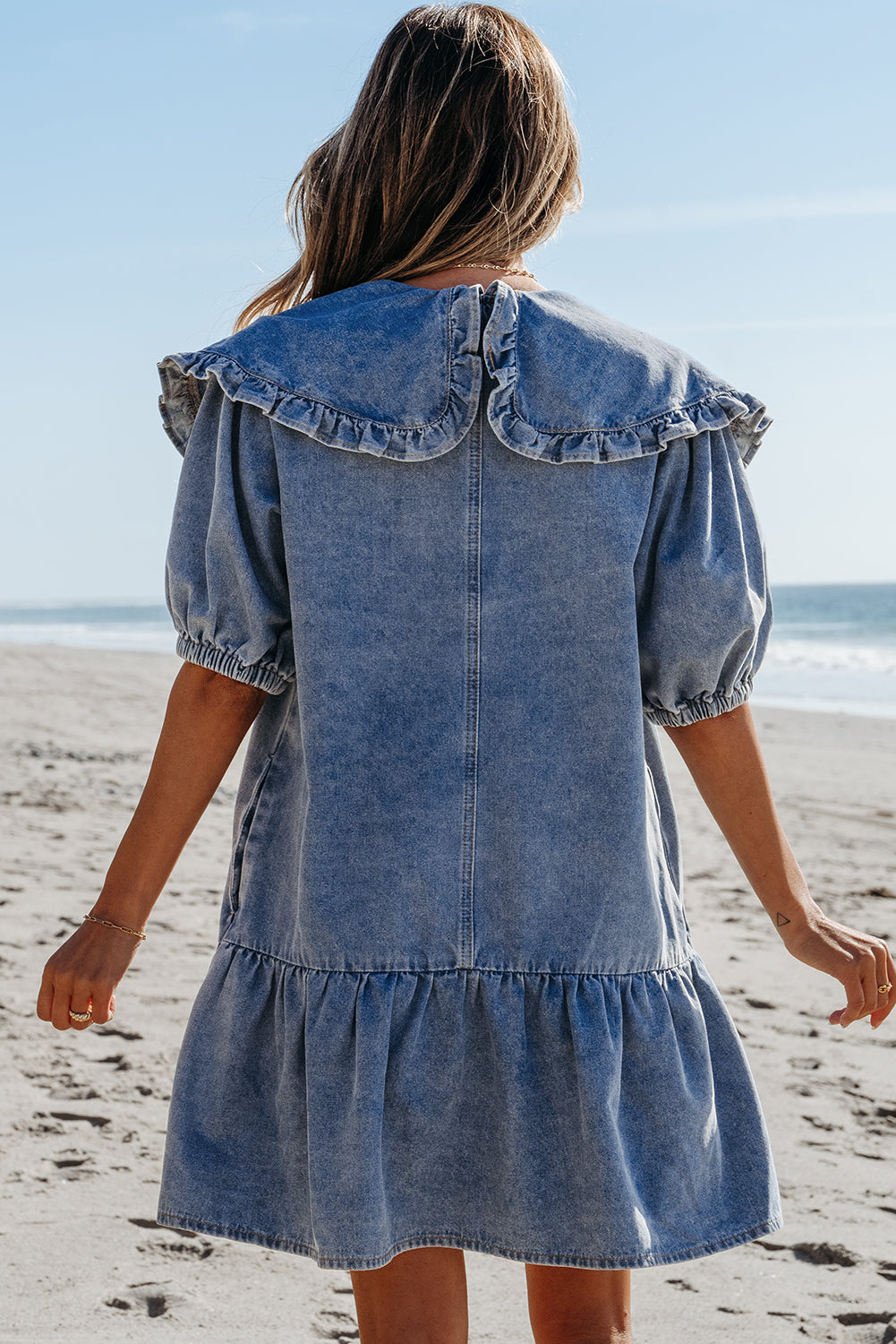 Dusk Blue Ruffled Collared Side Pockets Puff Sleeve Denim Mini Dress