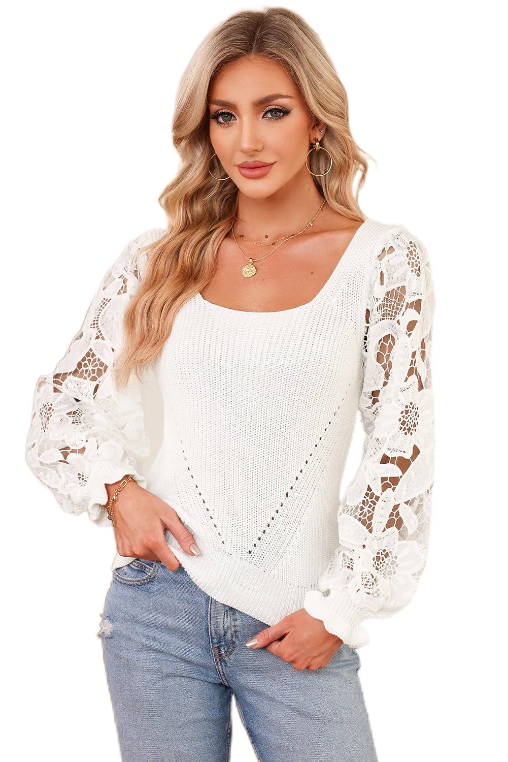 White Crochet Lace Sleeve Ribbed Knit Sweater - Chic Meadow Boutique 