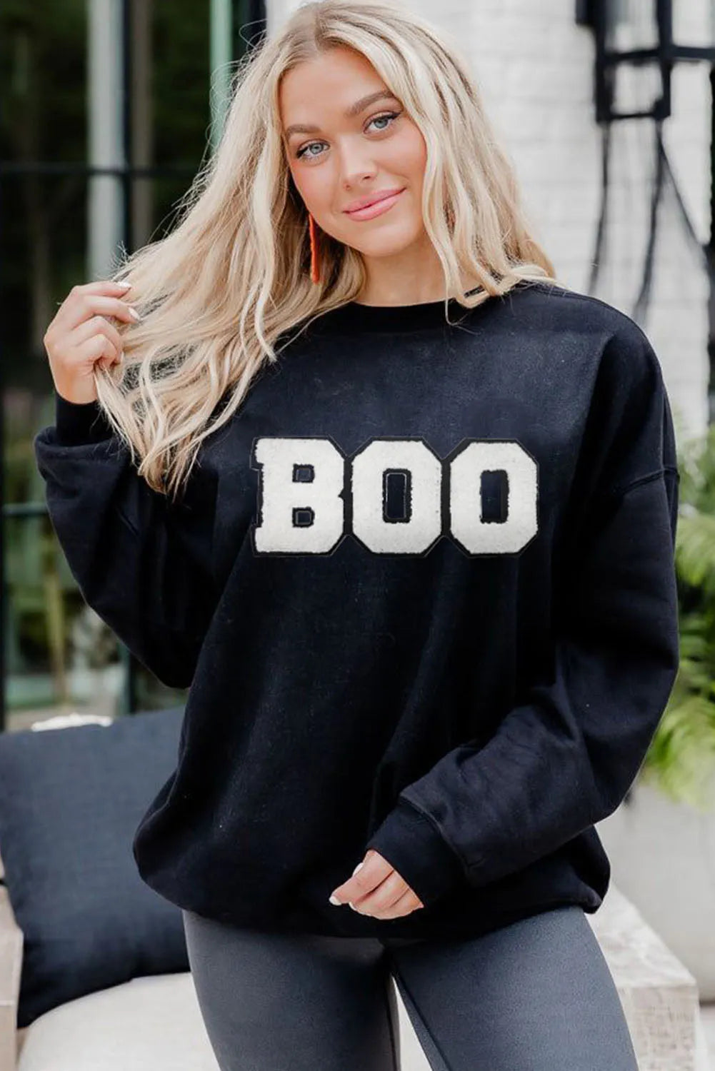 Black Chenille BOO Patched Pattern Crewneck Halloween Sweatshirt - Chic Meadow Boutique 