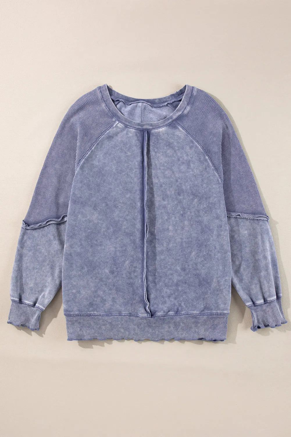 Sail Blue Solid Waffle Knit Patchwork Raglan Sleeve Sweatshirt - Chic Meadow Boutique 