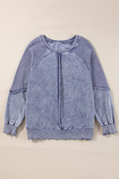 Sail Blue Solid Waffle Knit Patchwork Raglan Sleeve Sweatshirt - Chic Meadow Boutique 