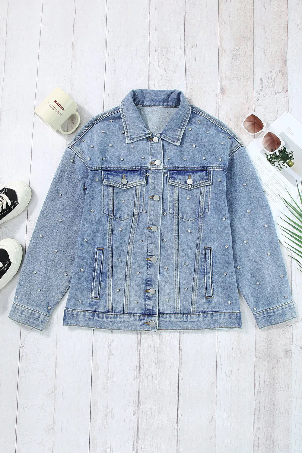 Mist Blue Rhinestones Studded Denim Jacket - Chic Meadow Boutique 