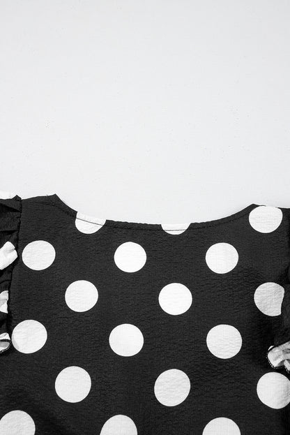 Black Polka Dot Print Ruffled Sleeve V Neck Blouse
