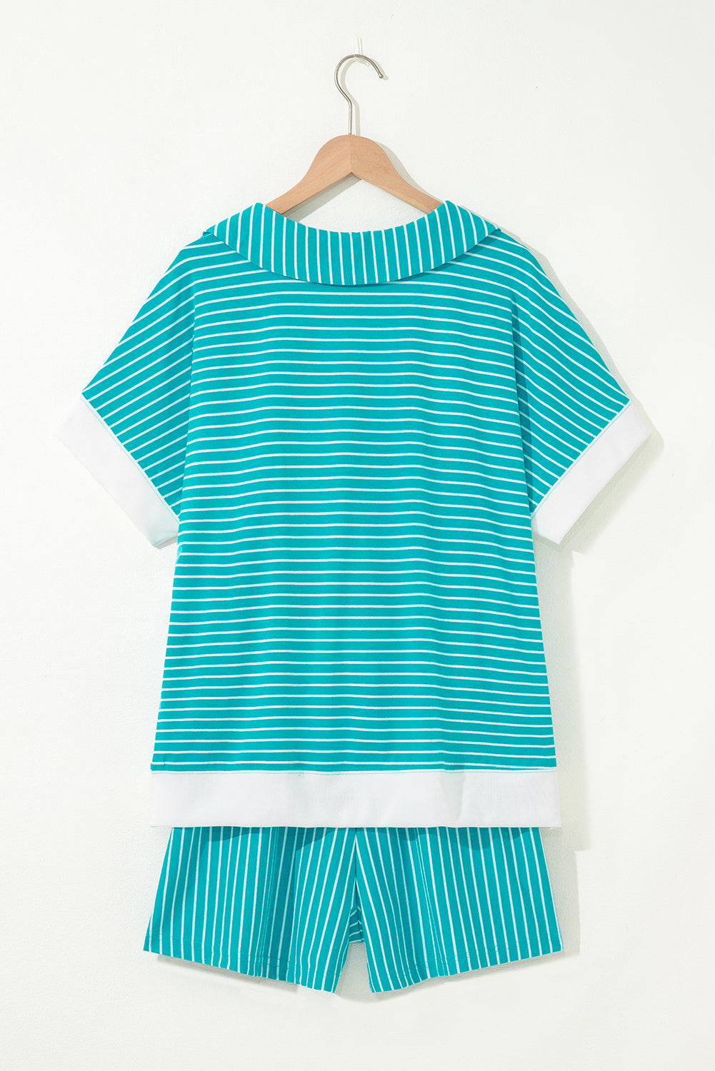 Sky Blue Stripe V Neck Tee and Casual Short Set