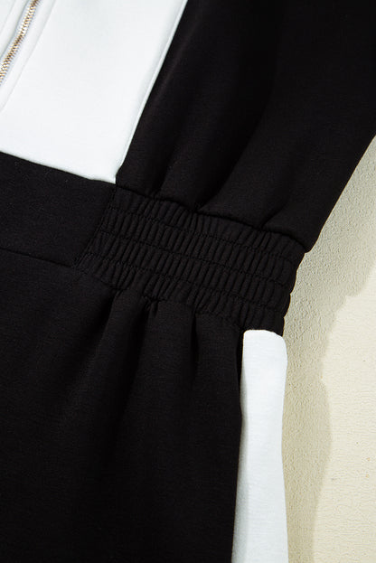 Black Contrast Collar Patchwork Zip Front Romper