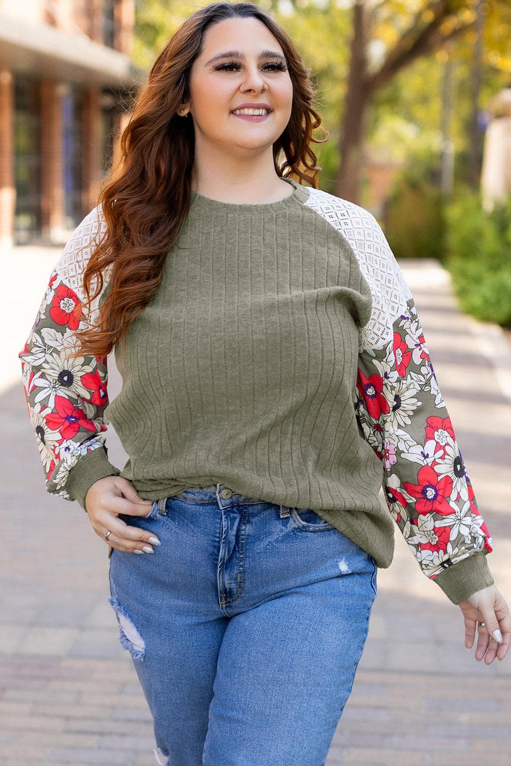 Plus Size/Plus Size Tops/Plus Size Blouses & Shirts Vineyard Green Plus Size Textured Floral Patchwork Raglan Sleeve Blouse