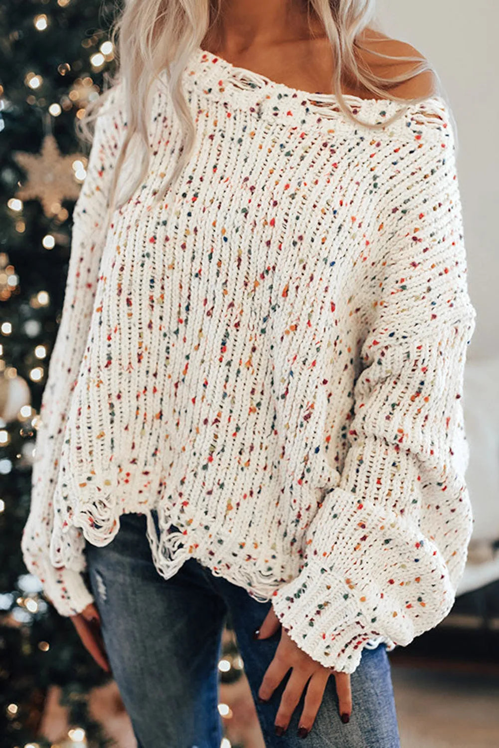 White Colorful Confetti Distressed Knit Sweater - Chic Meadow Boutique 