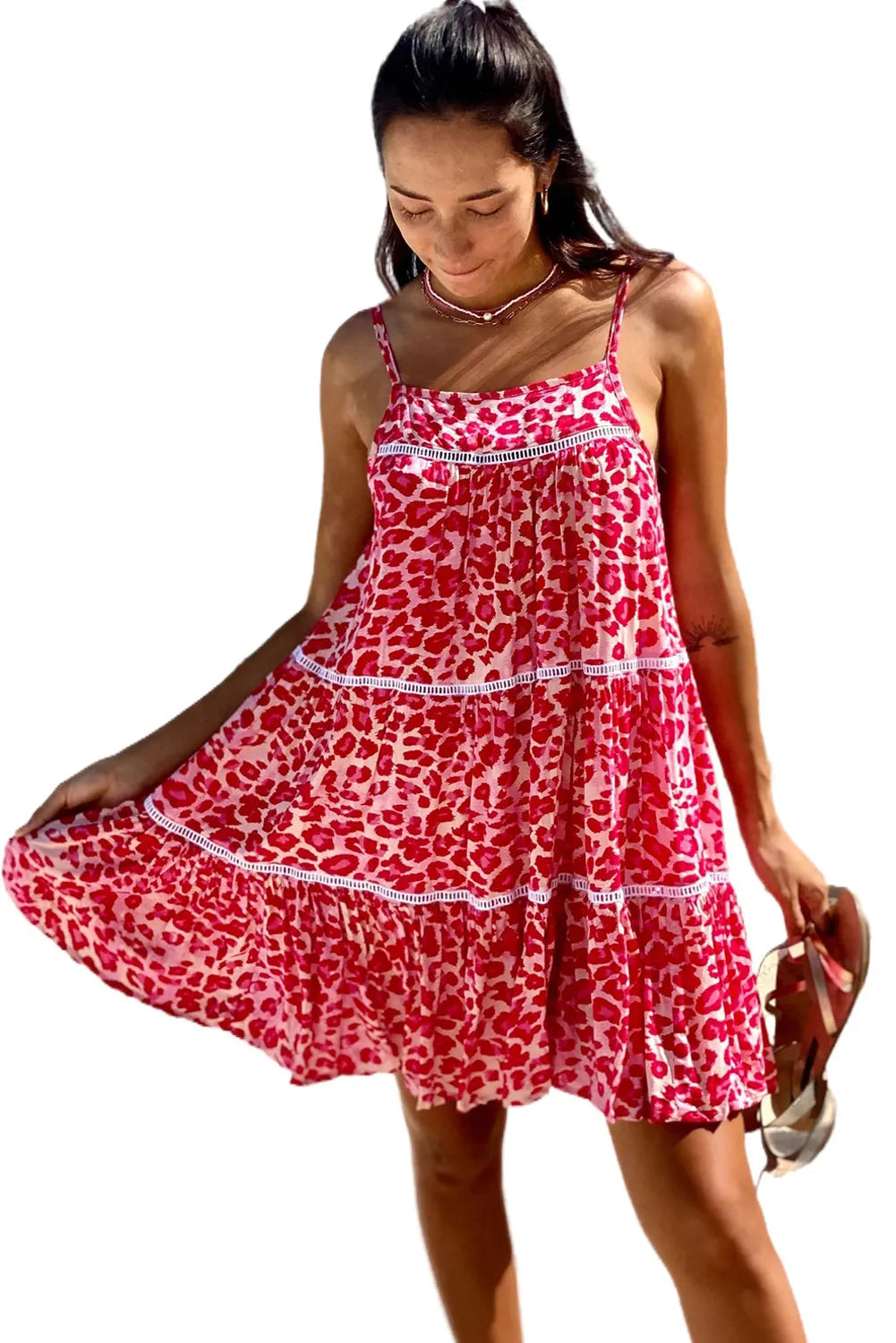 Rose Leopard Print Lace Trim Flared Sundress - Chic Meadow Boutique 