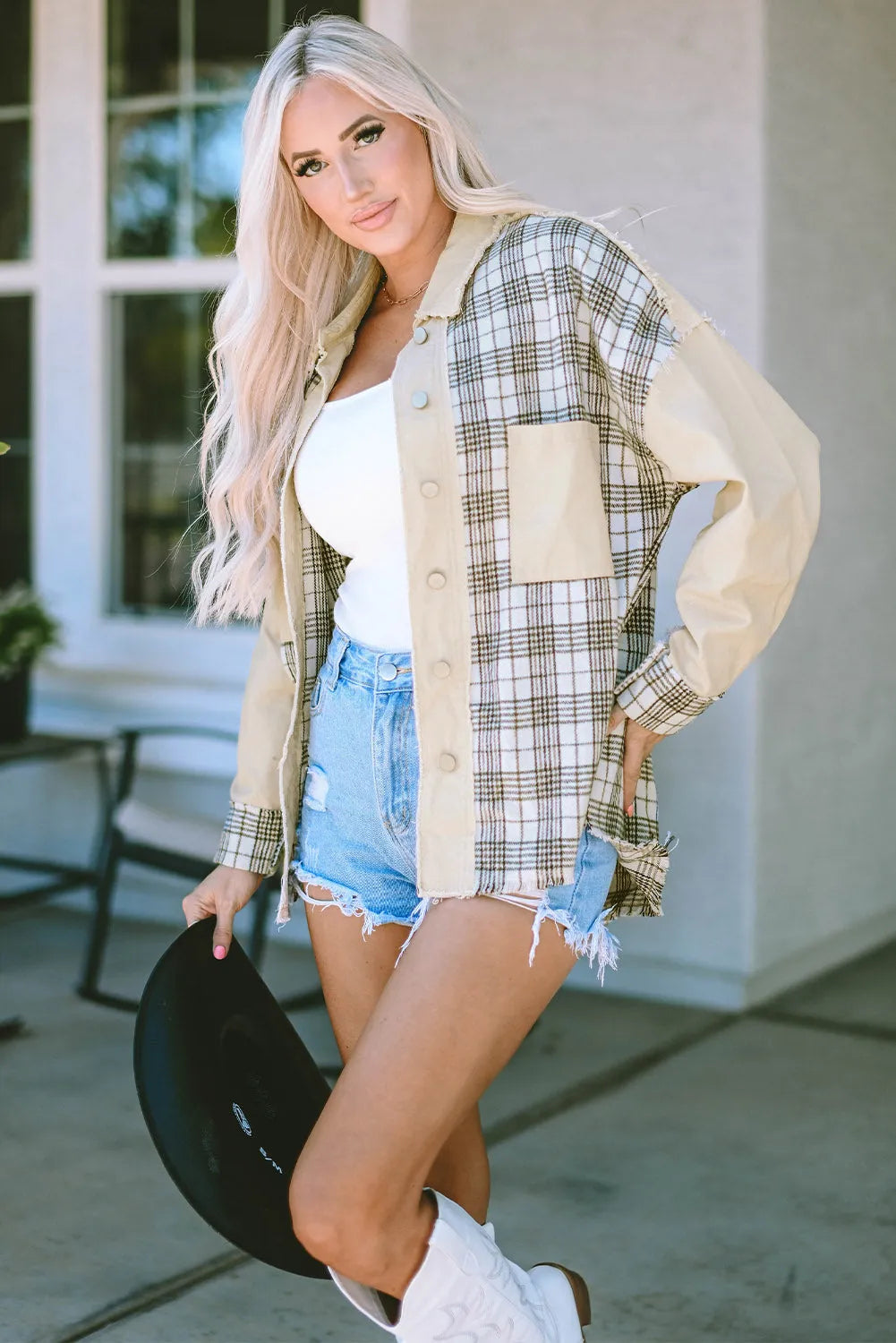 Khaki Distressed Raw Edge Plaid Patchwork Denim Jacket - Chic Meadow Boutique 