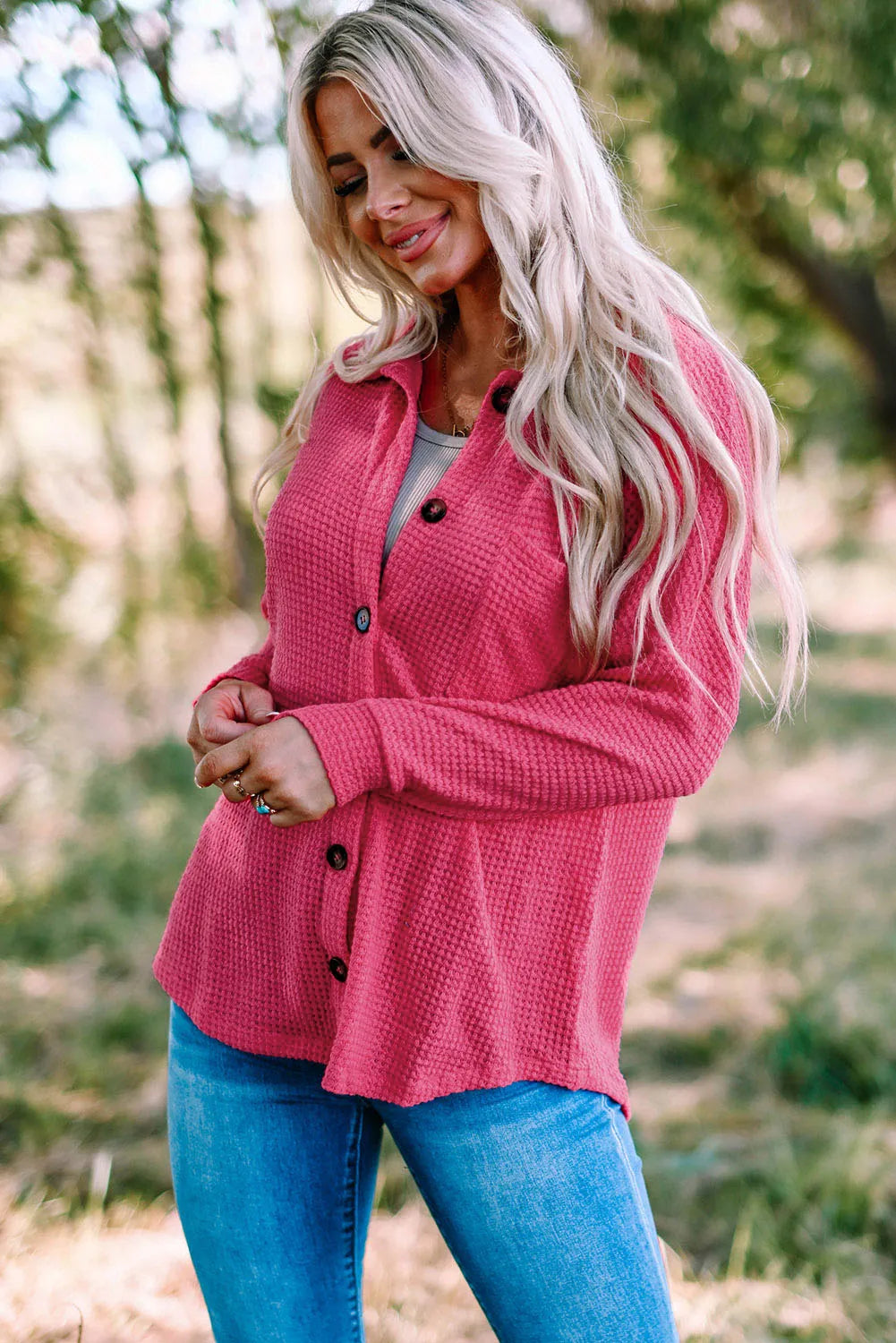 Pink Waffle Knit Button Up Casual Shirt - Chic Meadow Boutique 