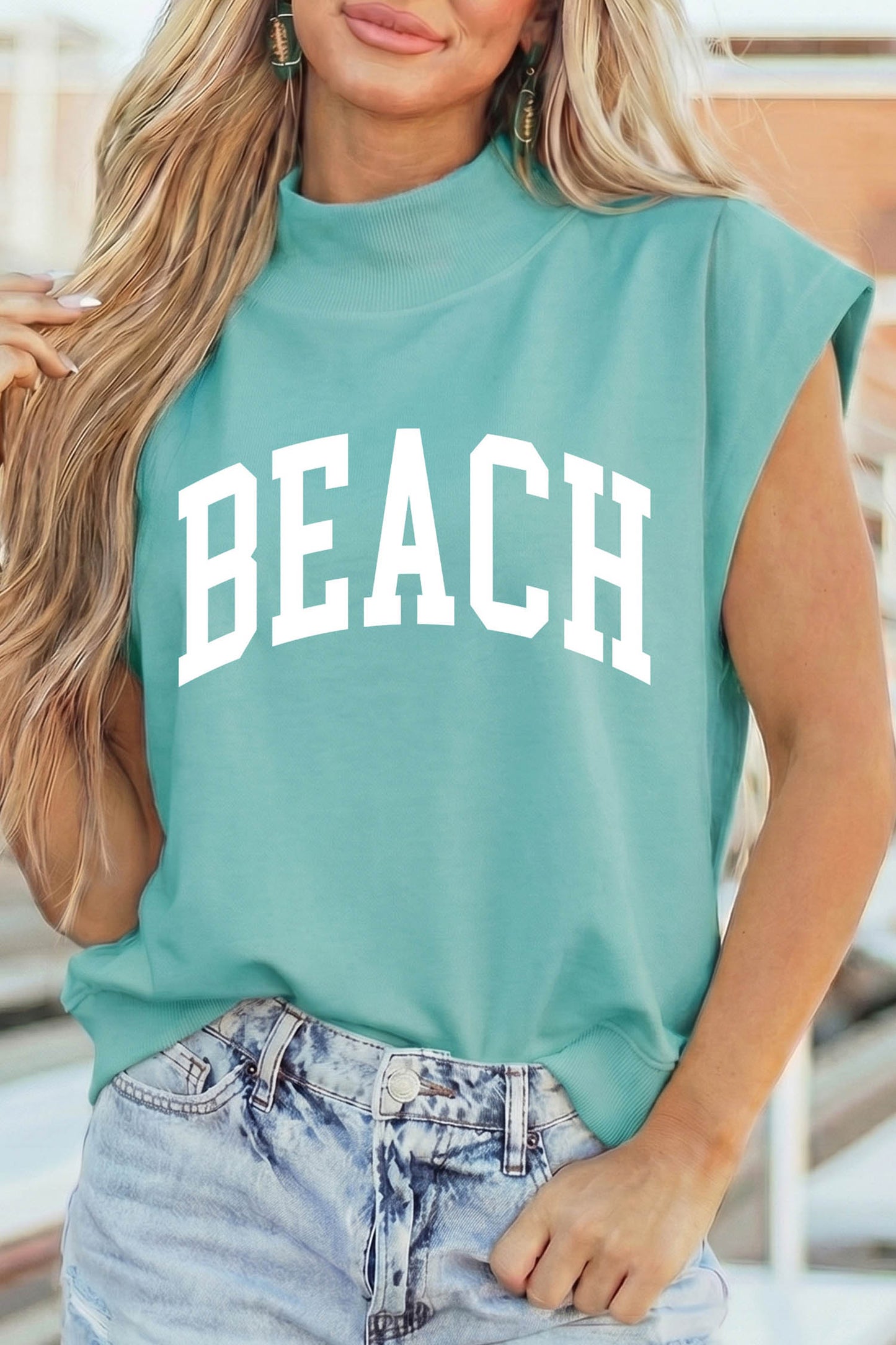 Mint Green High Neck Short Sleeve Beach Graphic Tee