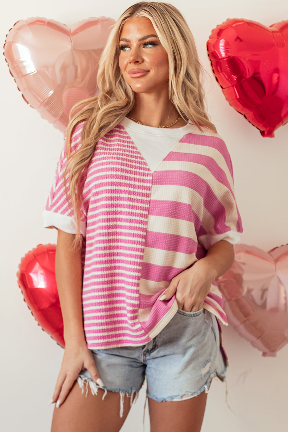 Pink Stripe Patchwork Textured Short Sleeve High Low Loose Top