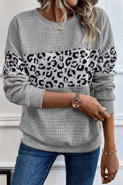 Tops/Sweatshirts & Hoodies Gray Leopard Quilted Patchwork Crew Neck Sweatshirt