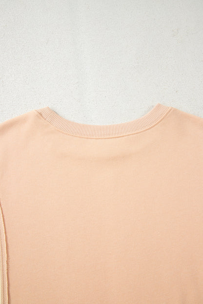 Beige Color Block Patchwork Split Hem Casual Sweatshirt