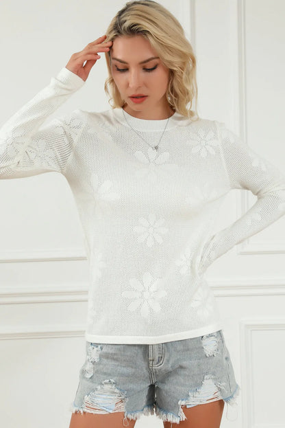 White Flower Knit Long Sleeve Sweater - Chic Meadow Boutique 