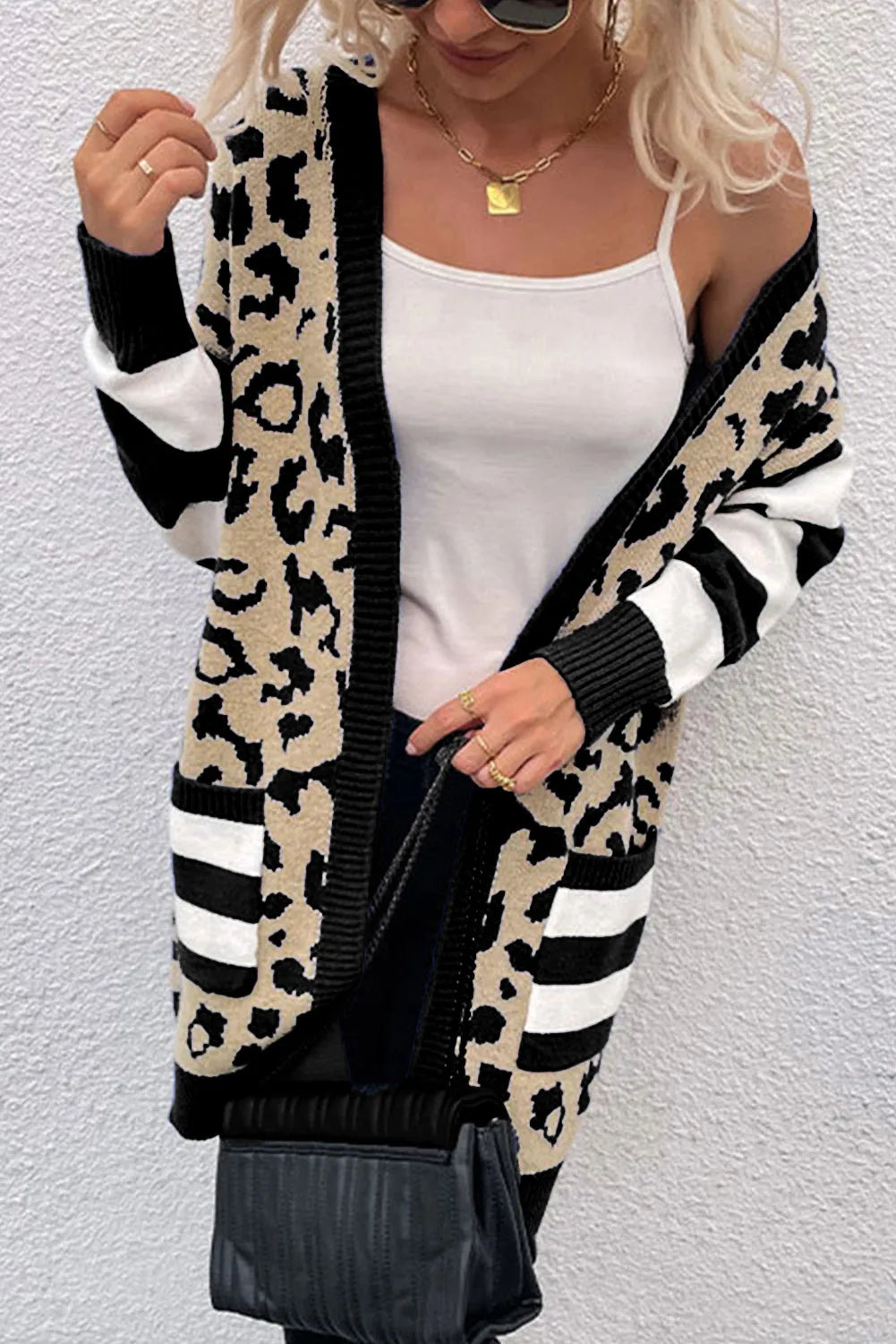 Black Stripe Sleeve Leopard Print Open Front Cardigan With Pockets - Chic Meadow Boutique 