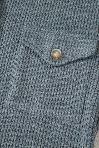Medium Grey Ribbed Knit Buttons Front Flap Pocket Casual Shacket