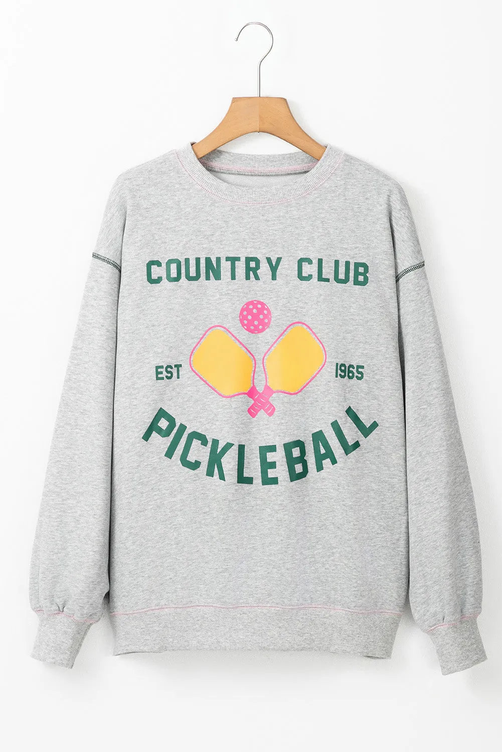 Light Grey COUNTRY CLUB PICKLEBALL Graphic Exposed Stitching Casual Sweatshirt - Chic Meadow Boutique 